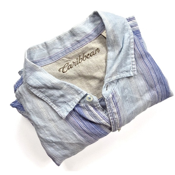 Caribbean Blue White Striped Button Up L/Sleeve Resort Linen Shirt Men's Size XL - Picture 4 of 4